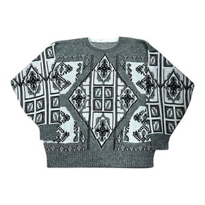 Vintage Geometric Sweater Mens Large Gray White Acrylic Knit Pullover Canada 90s